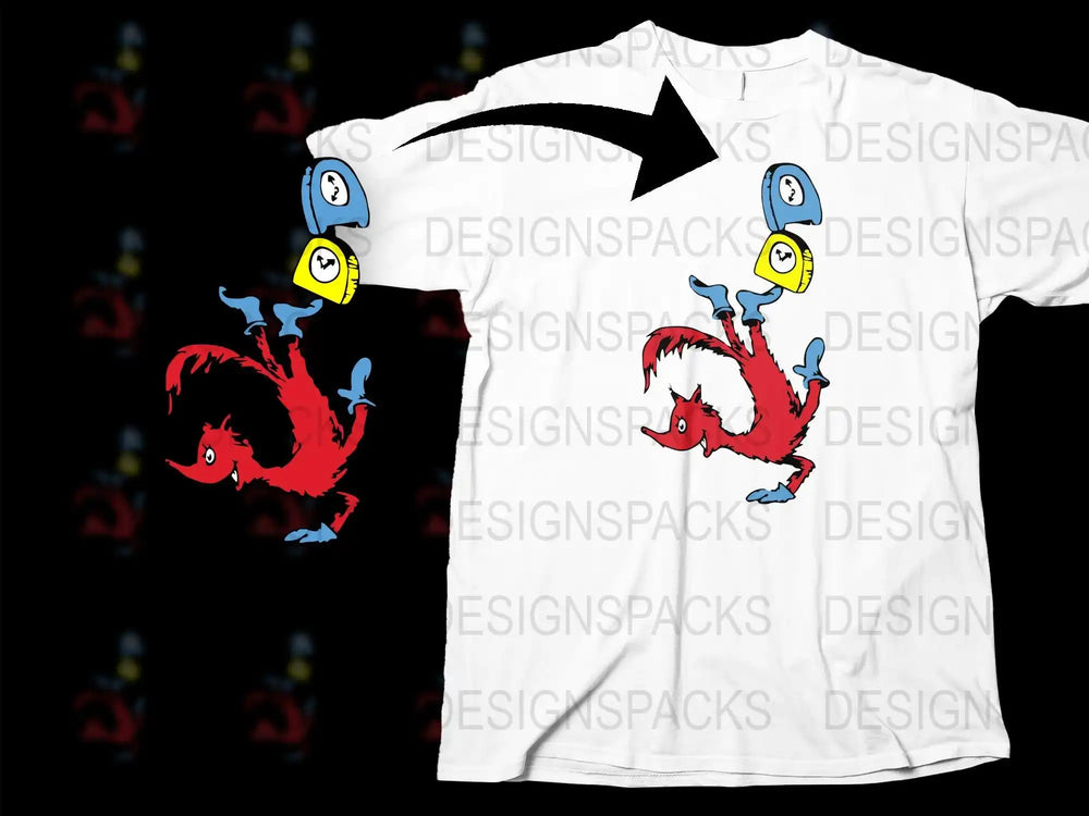 Red fox t-shirt design with blue boots and yellow/blue hats, print-ready for DTF DTG