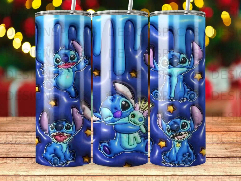 Stitch from Lilo & Stitch on a blue, dripping background with stars.