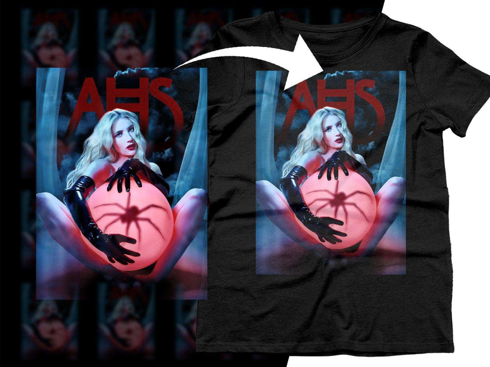 AHS horror t-shirt design with blonde woman holding glowing orb and spider, print-ready for DTG/DTF