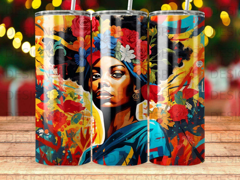 Woman with floral headwrap and colorful abstract background.