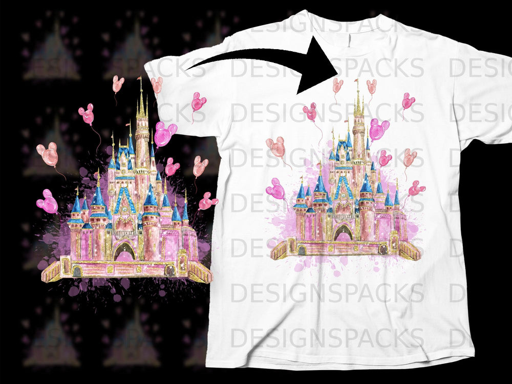 Pink watercolor castle with Mickey Mouse balloons on a white t-shirt.