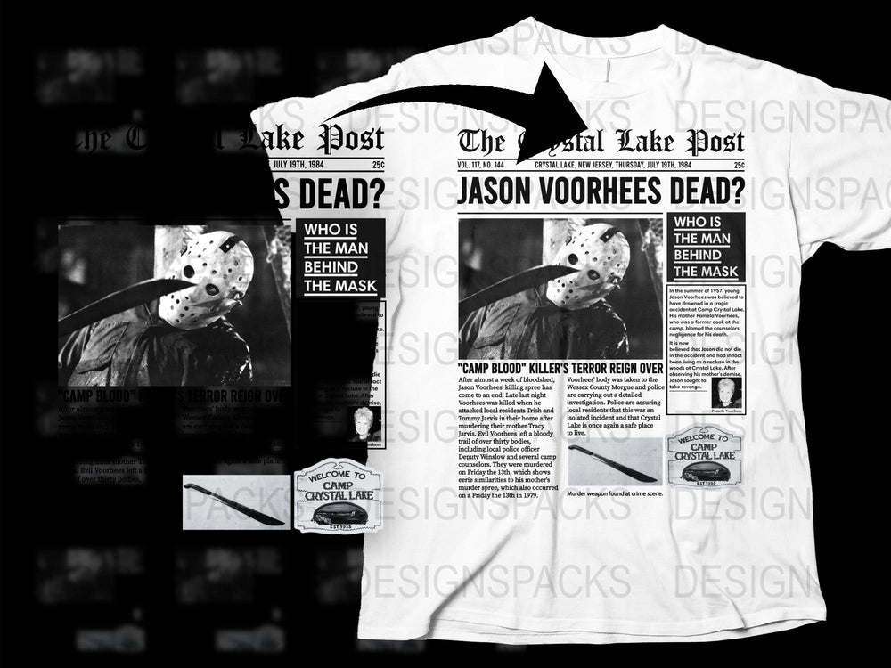 Jason Horror Movie Newspaper Print T-Shirt, Camp Crystal Lake, Vintage Horror Fan Apparel