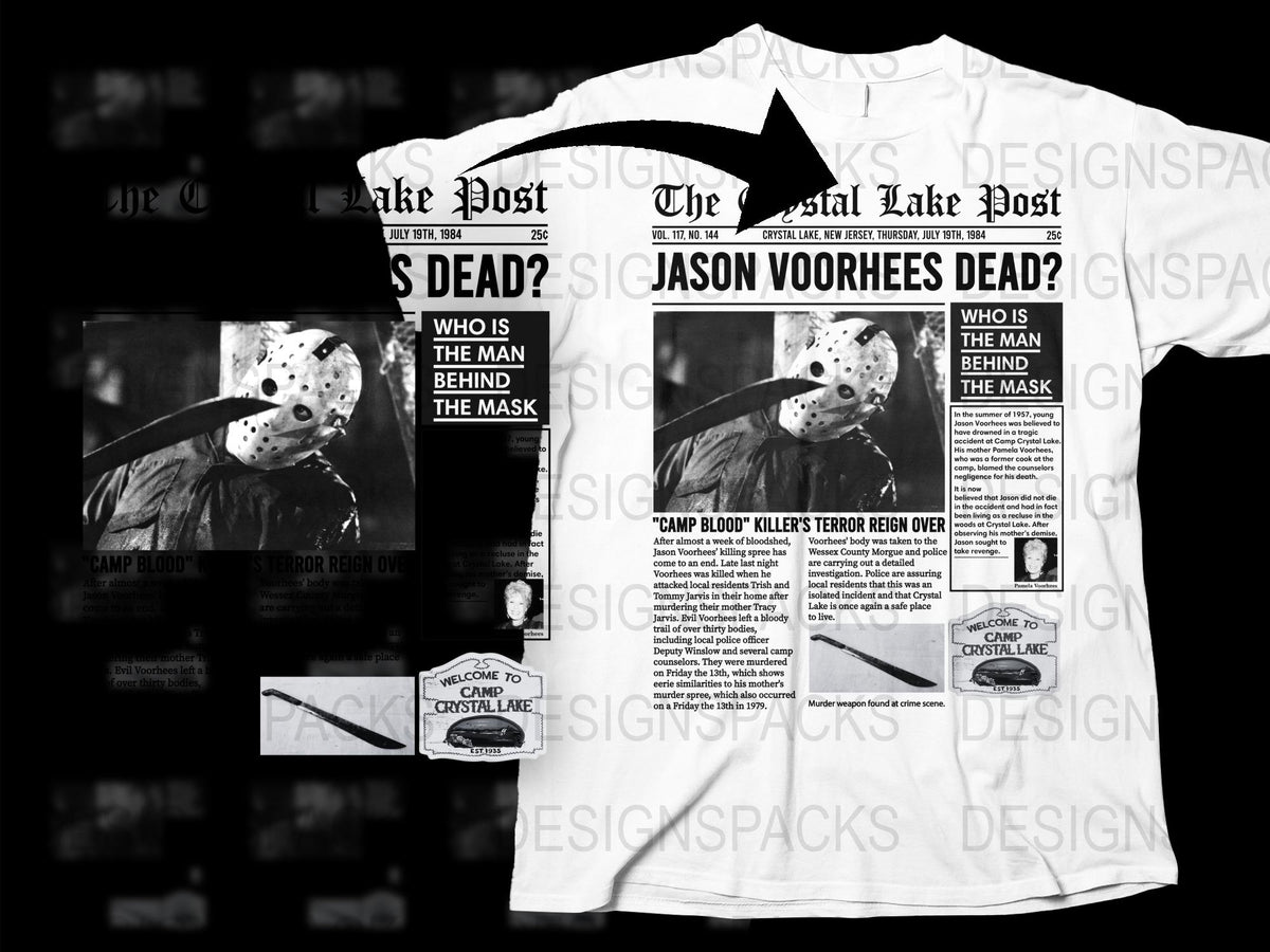 Jason Horror Movie Newspaper Print T-Shirt, Camp Crystal Lake, Vintage Horror Fan Apparel