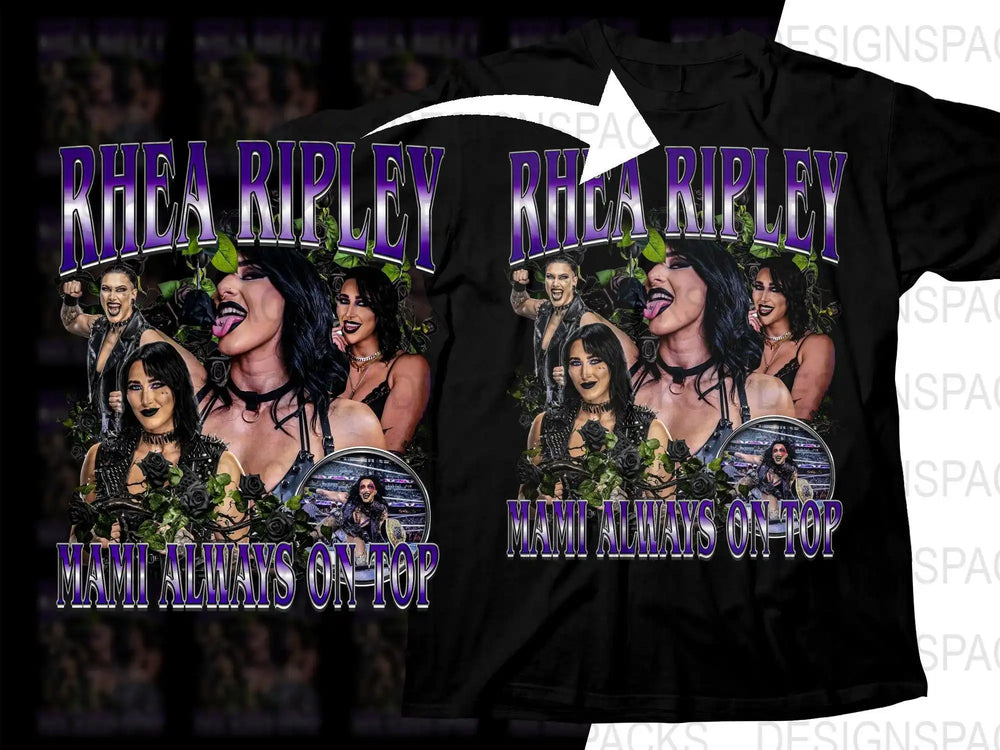 Rhea Ripley 'Mami Always On Top' wrestling t-shirt design with roses and bold purple text