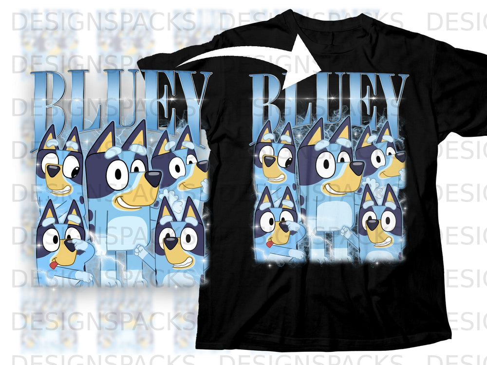Bluey characters on a black t-shirt with "BLUEY" text and lightning background.