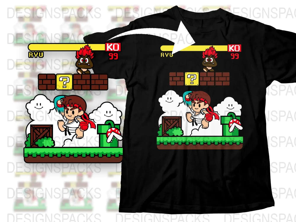 Retro Video Game T-Shirt, Unisex Black Tee, Vintage Arcade Gaming Design, Ryu Inspired Graphic Shirt