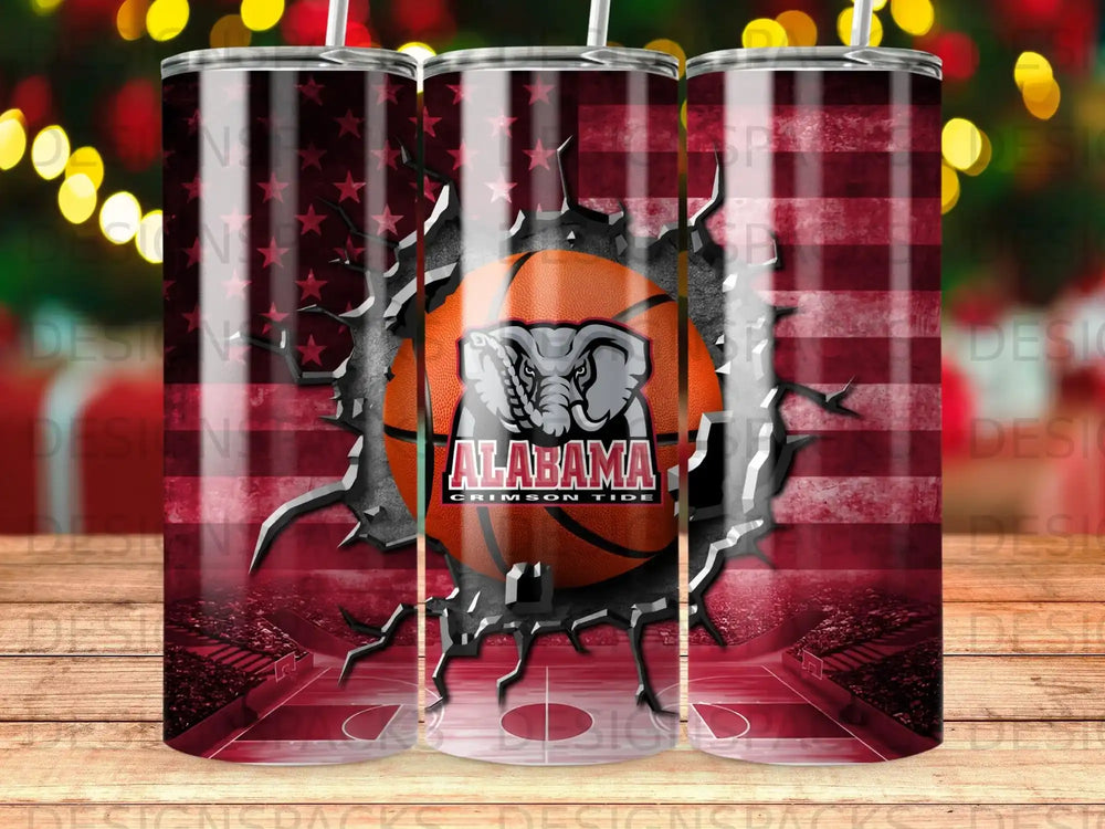 Alabama Crimson Tide basketball with US flag and court background.