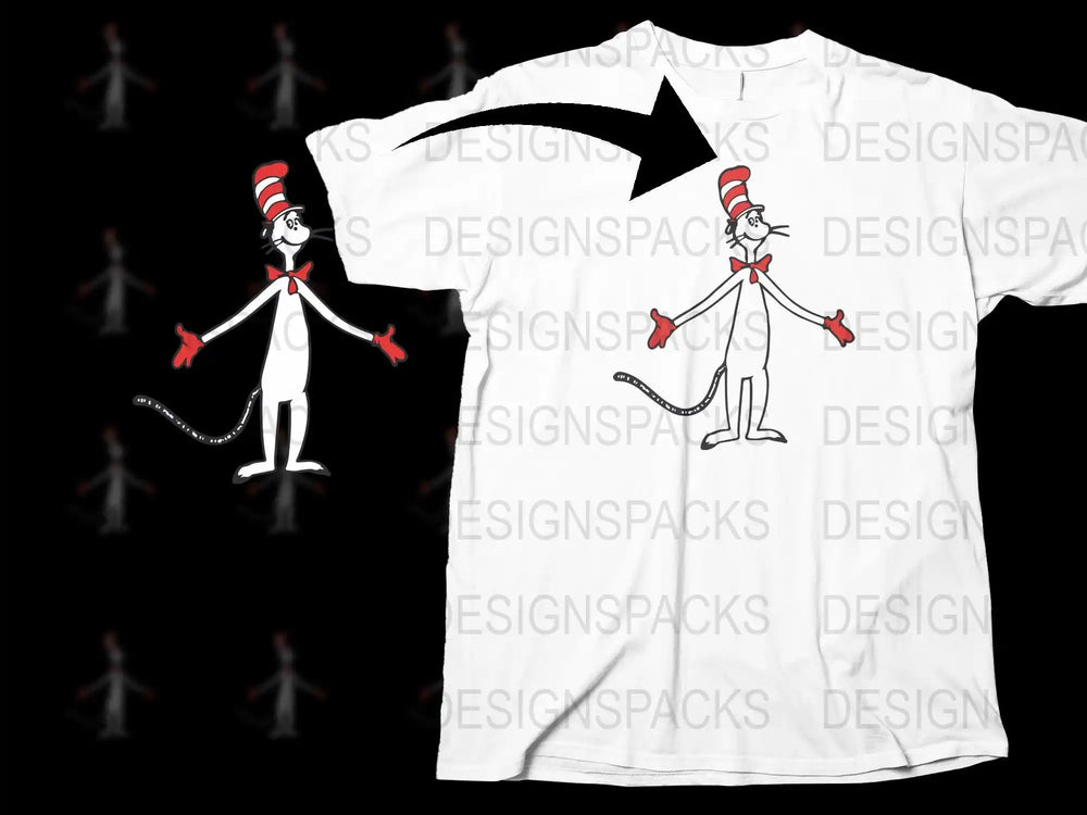 Cat in the Hat design on white t-shirt, print-ready SVG for DTG/DTF, instant download
