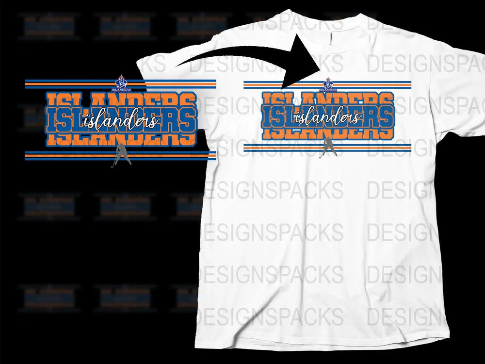 White t-shirt with Islanders hockey design, orange and blue stripes, print-ready graphic