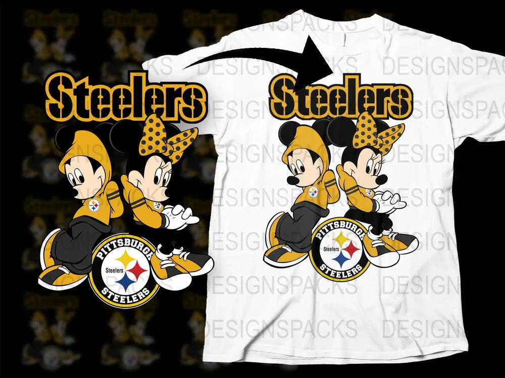 Mickey and Minnie Mouse in Pittsburgh Steelers gear on a white t-shirt design