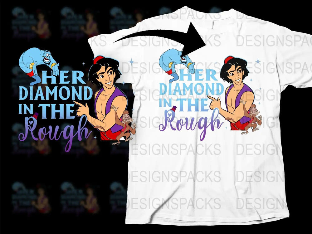 Aladdin and Genie t-shirt design with 'Her Diamond in the Rough' text, perfect for DTF/DTG printing.