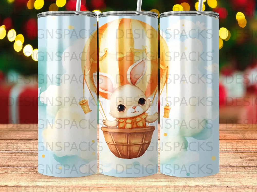 Bunny in hot air balloon basket with clouds and yellow sun.