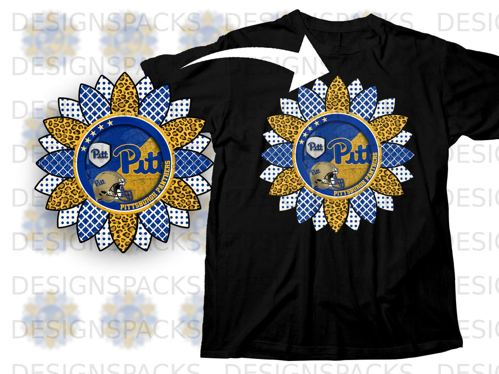 Sunflower design with Pittsburgh Panthers logo and football helmet on black t-shirt.