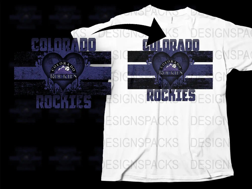 Colorado Rockies heart design t-shirt with distressed stripes, ideal for DTF/DTG printing
