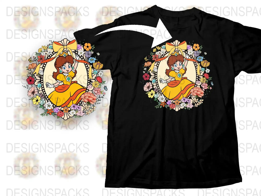 Princess Daisy floral design on black t-shirt, vibrant flowers and bow, print-ready PNG