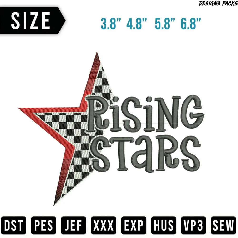 Embroidery design of a star with "RISING STARS" text, available in multiple sizes.