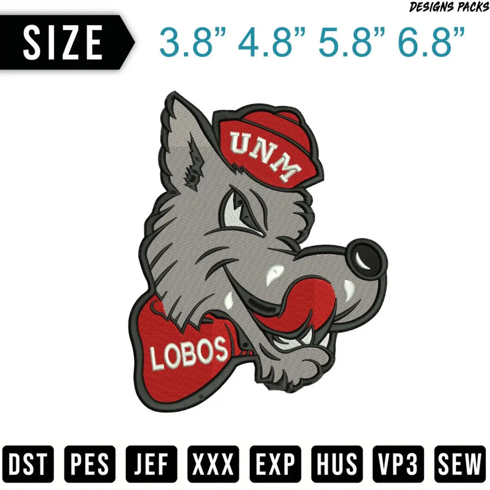UNM Lobos wolf logo with size options and embroidery file types.