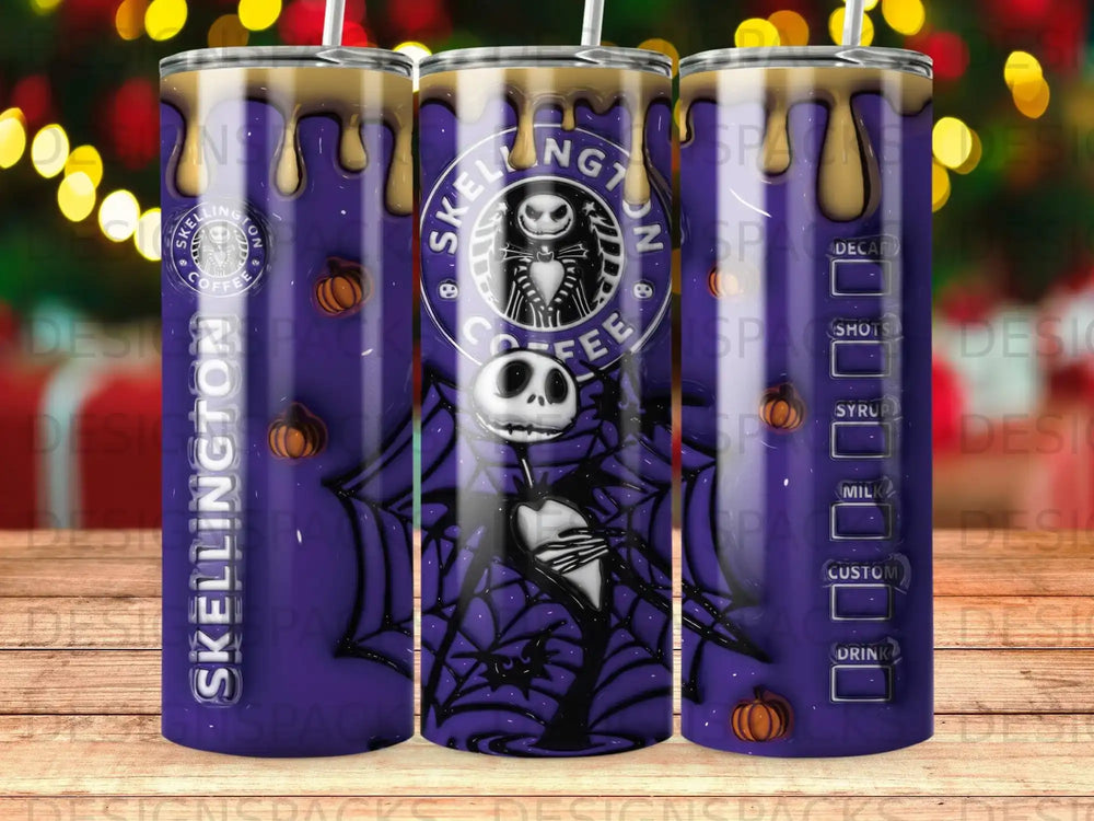 Tumbler with Jack Skellington, cobwebs, and coffee shop menu.