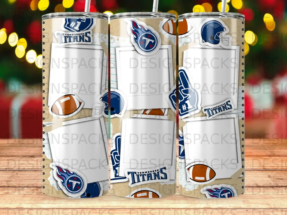 Tennessee Titans tumbler with football and team logos.