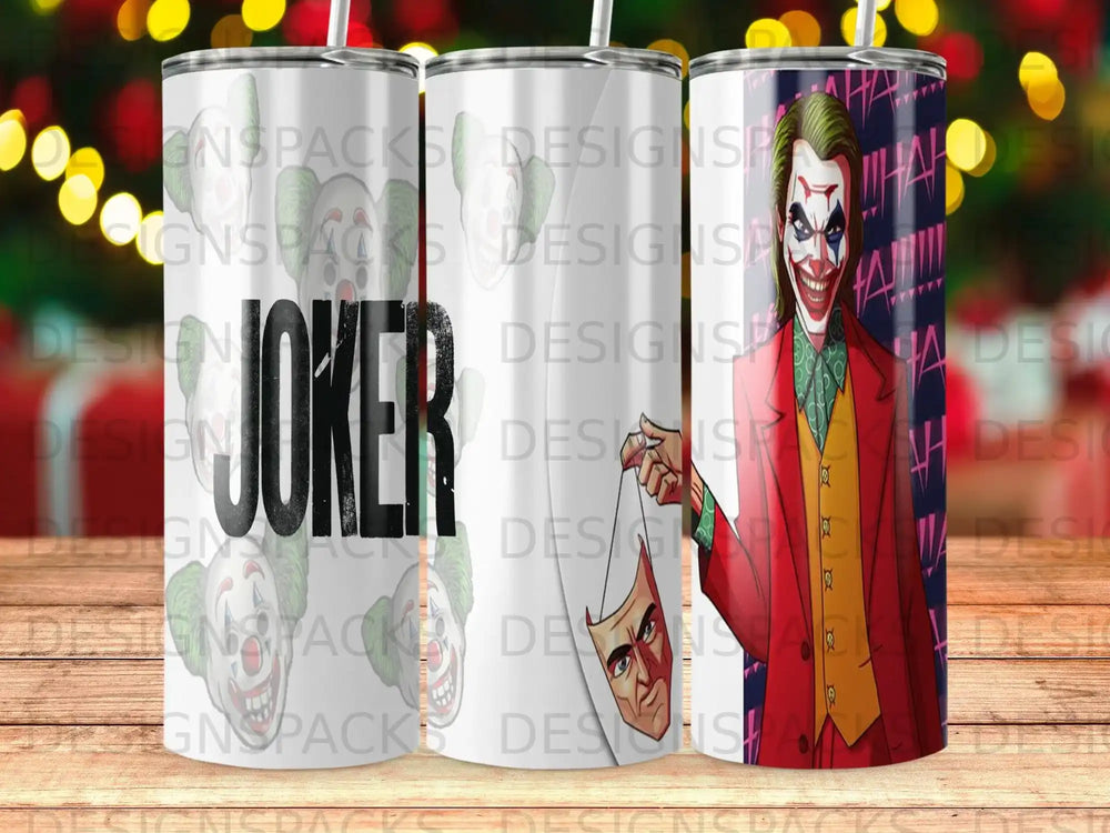 Tumbler with Joker face, playing cards, and "JOKER" text.