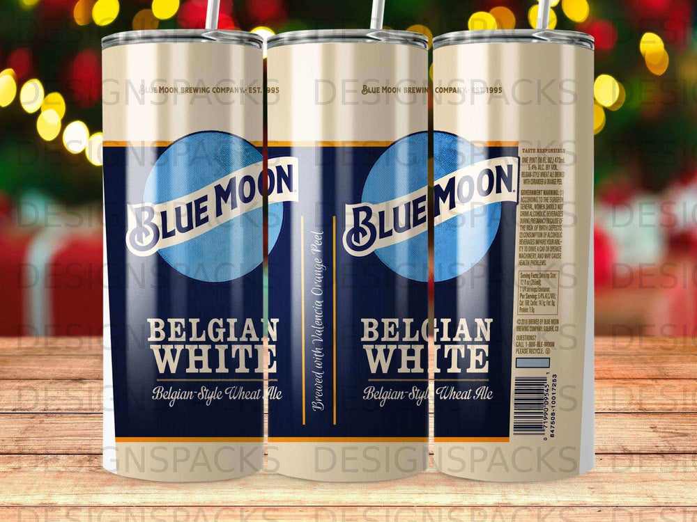 Blue Moon Belgian White ale can with brewed with Valencia orange peel text.