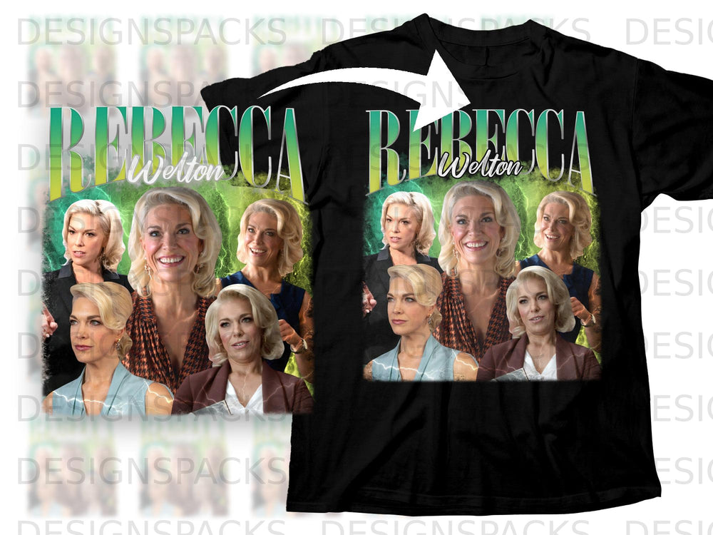 Black t-shirt graphic with "REBECCA Welton" text and multiple portraits of women.