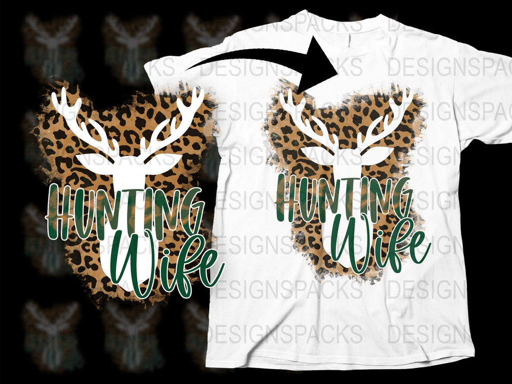 Hunting Wife T-Shirt Leopard Print Deer Antlers Graphic Tee Outdoors Theme Women's Fashion Top