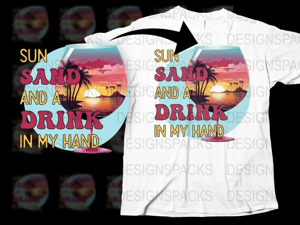 Tropical Beach Sunset Graphic T-Shirt, Sun Sand Drink Quote, Summer Vacation Tee, Palm Trees Design, Unisex Fashion Shirt