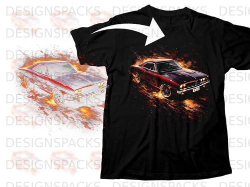Black t-shirt featuring a flaming vintage muscle car graphic next to its isolated white print design.
