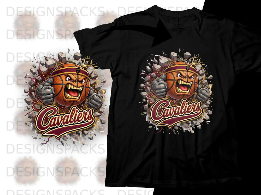 Black t-shirt with Cavaliers basketball team logo featuring a fierce basketball character.