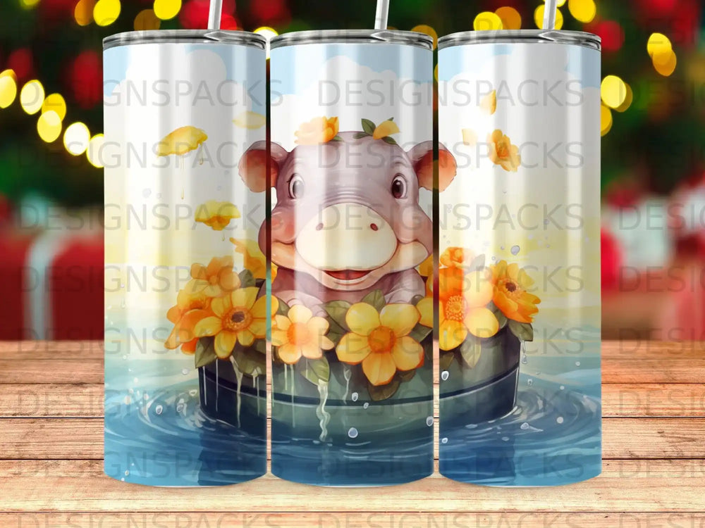 Happy cartoon piglet in a flower-filled tub.