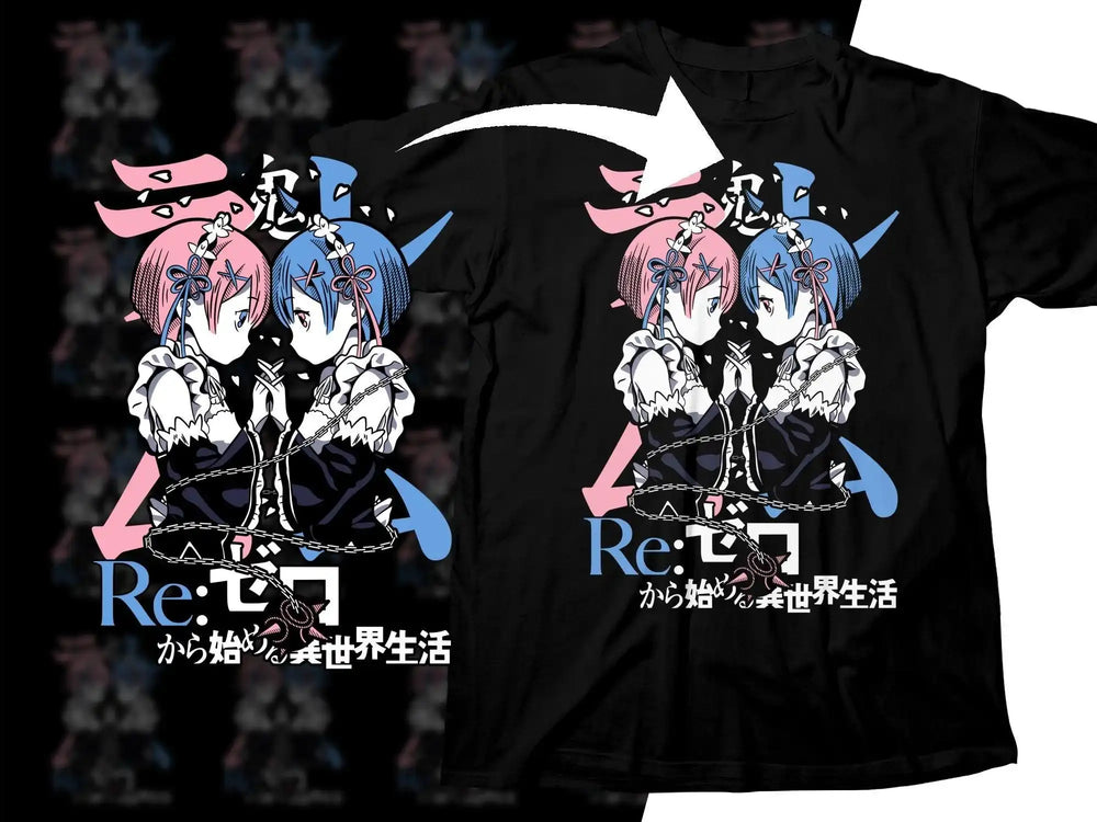 Re:Zero anime t-shirt design featuring Ram and Rem in maid outfits with chains and Japanese text
