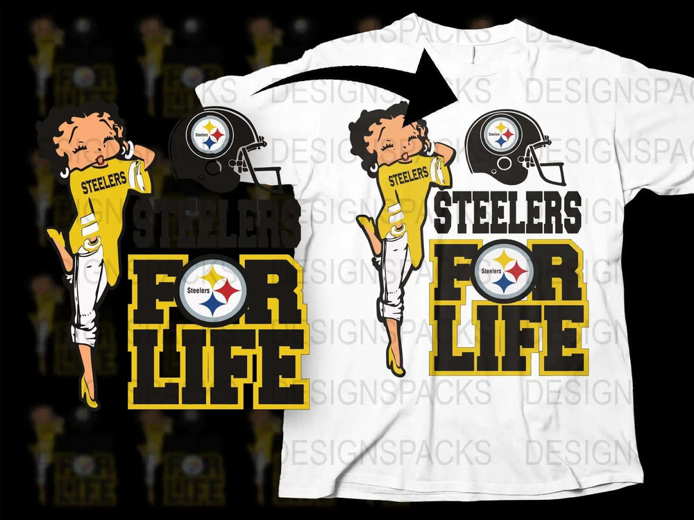 Pittsburgh Steelers Fan T-Shirt, Cartoon Player Design, For Life Slogan, NFL Team Apparel