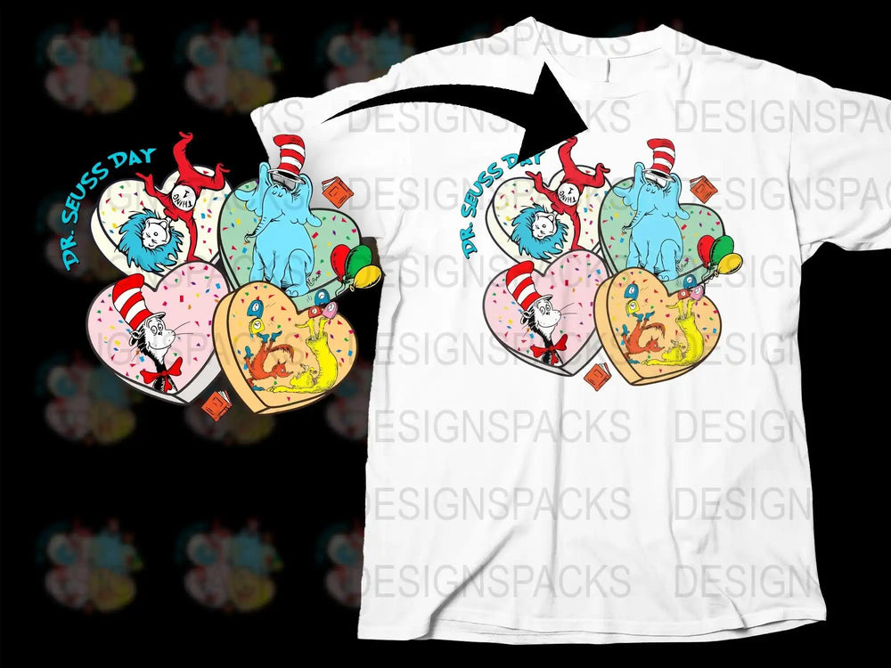 Dr. Seuss Day heart design with Cat in the Hat, Thing 1 & 2, and Horton for t-shirt printing
