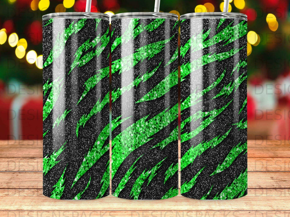 Three tumblers with a green and black glitter tiger stripe pattern.