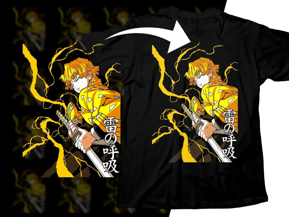 Anime t-shirt design with lightning warrior, Japanese text, print-ready for DTF DTG