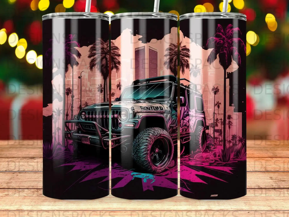Jeep Wrangler with palm trees and city skyline in neon colors.