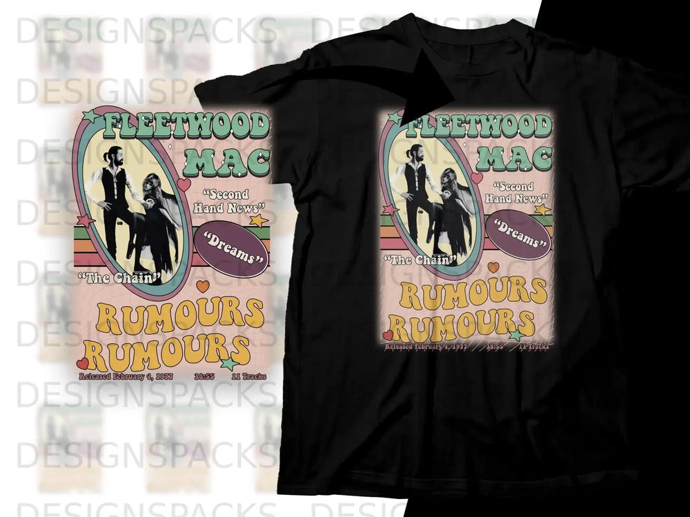 Fleetwood Mac Rumours album art with song titles and release information on t-shirt.