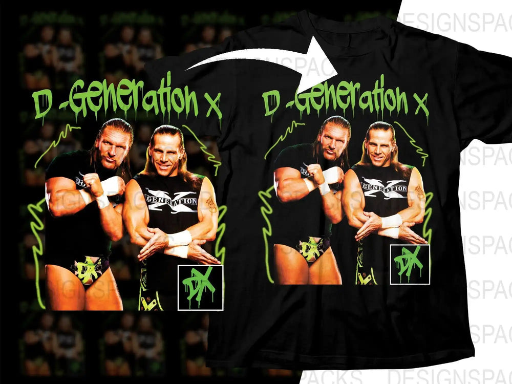 D-Generation X wrestling design on black t-shirt, green dripping text, print-ready graphic