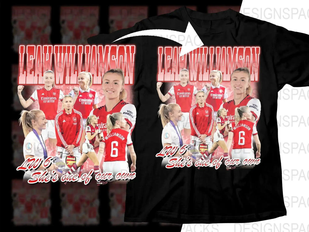 Leah Williamson soccer fan t-shirt design with Arsenal graphics, DTF/DTG print-ready PNG