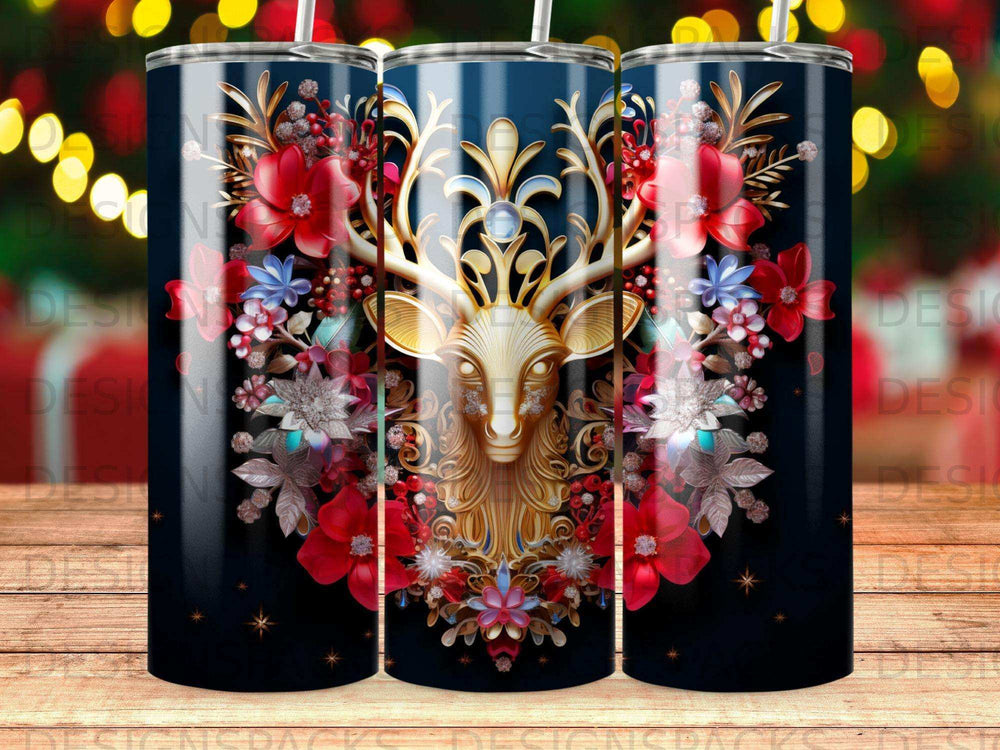 Gold deer head adorned with red and blue flowers and stars on dark background.