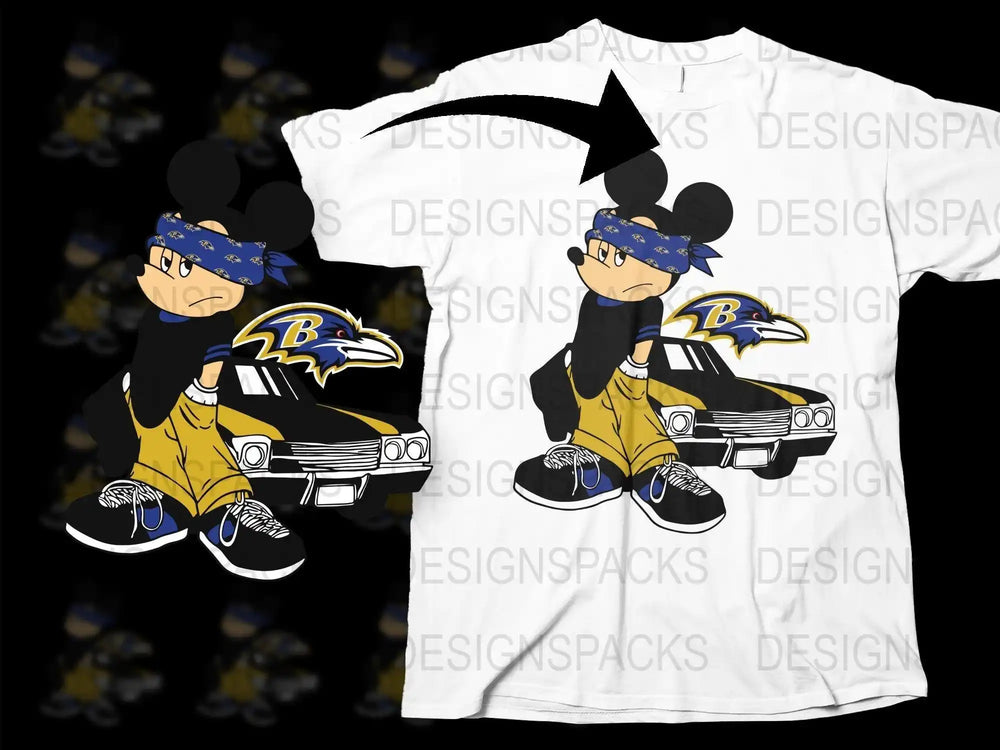 Mickey Mouse in Baltimore Ravens gear with classic car, print-ready t-shirt design for DTG/DTF