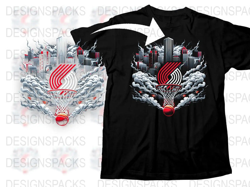 Portland Trail Blazers cityscape basketball design on black t-shirt, DTF/DTG print-ready graphic