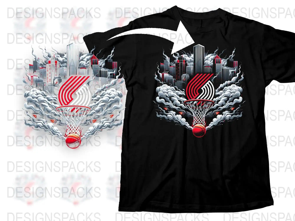 Portland Trail Blazers cityscape basketball design on black t-shirt, DTF/DTG print-ready graphic