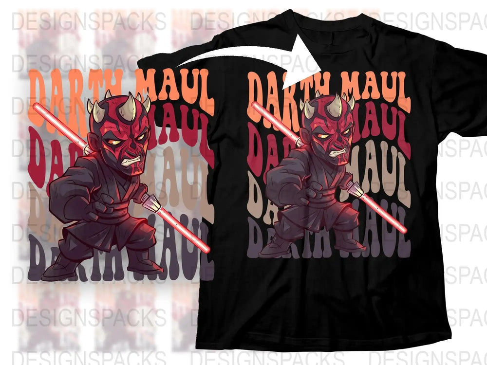 Darth Maul t-shirt design with red lightsabers and bold text for DTF/DTG printing