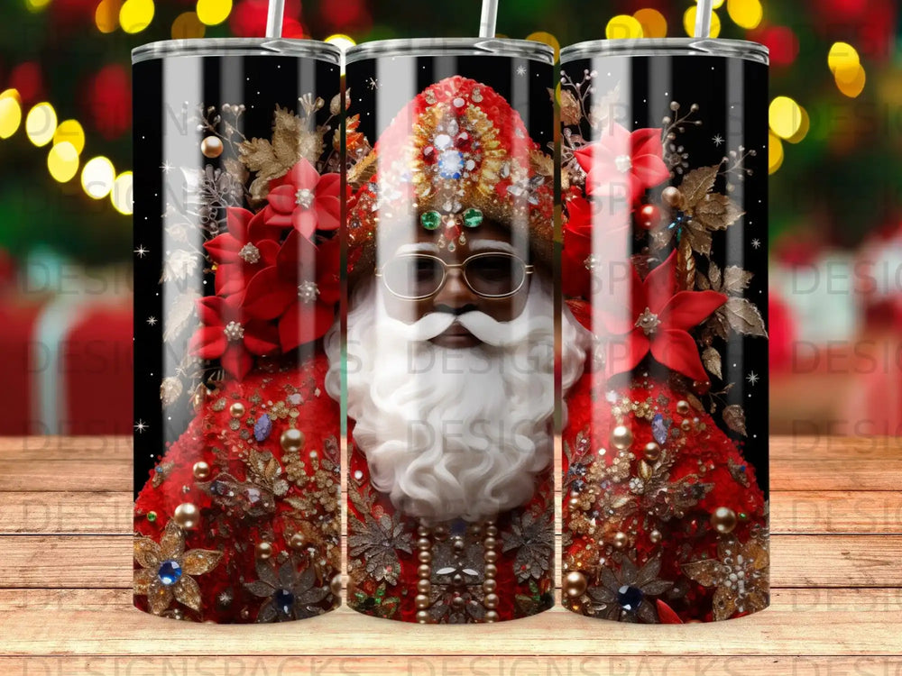 Santa Claus design on a black tumbler with red flowers and gold accents.