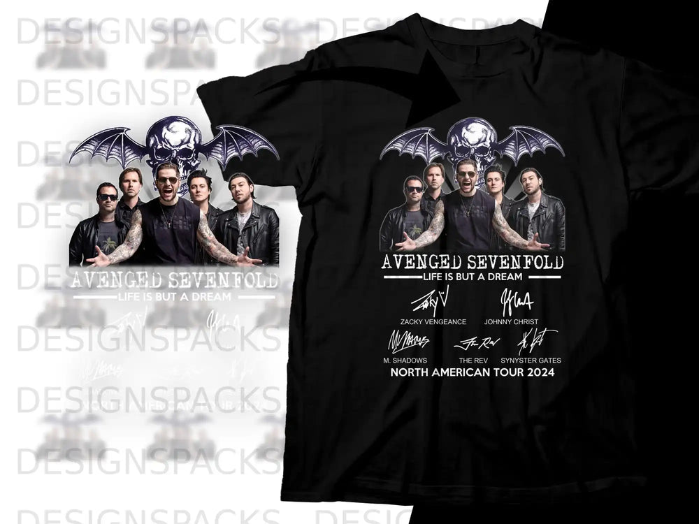 Avenged Sevenfold "Life Is But a Dream" tour t-shirt with band members and signatures.