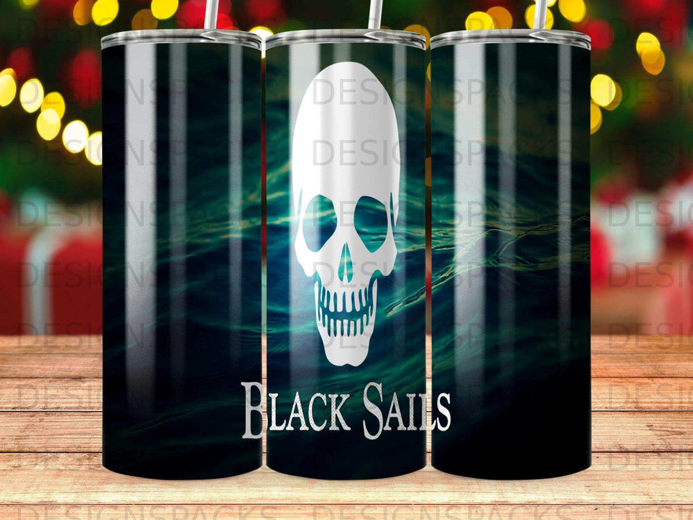 Black Sails skull and wave design on a tall tumbler.