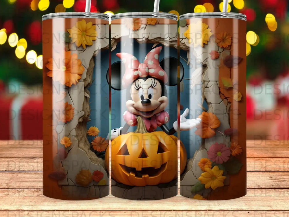 Minnie Mouse peeking from behind a pumpkin and autumnal foliage.