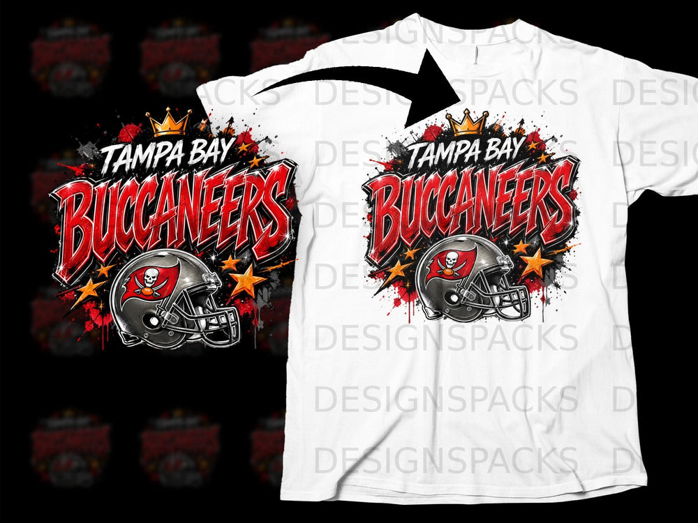 Tampa Bay Buccaneers helmet and logo with distressed elements and stars.